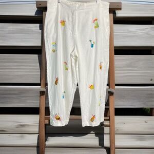 Saint Tropez West Women’s Size 16 Linen Tiki Embroidered Tropical Vacation Pants